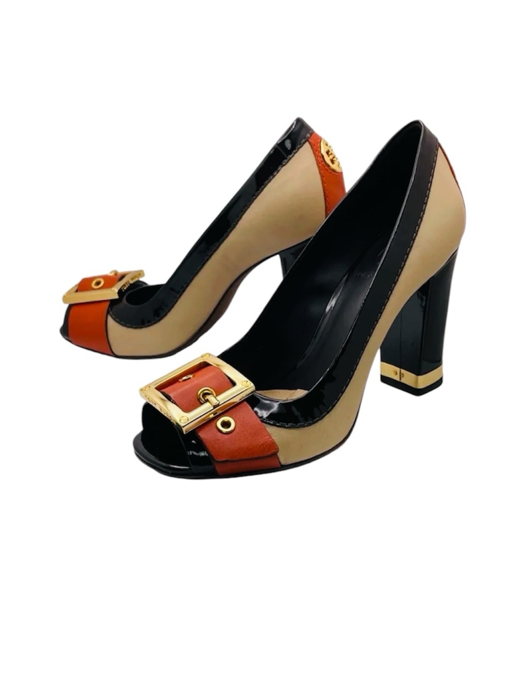 Tory Burch Color-block Tan Orange Leather Open Toe Gold Logo Block Heel Pumps 7